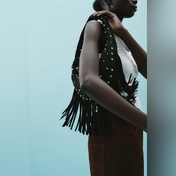 Zara Black Fringe Bag with Silver Accents - Picture 1 of 6